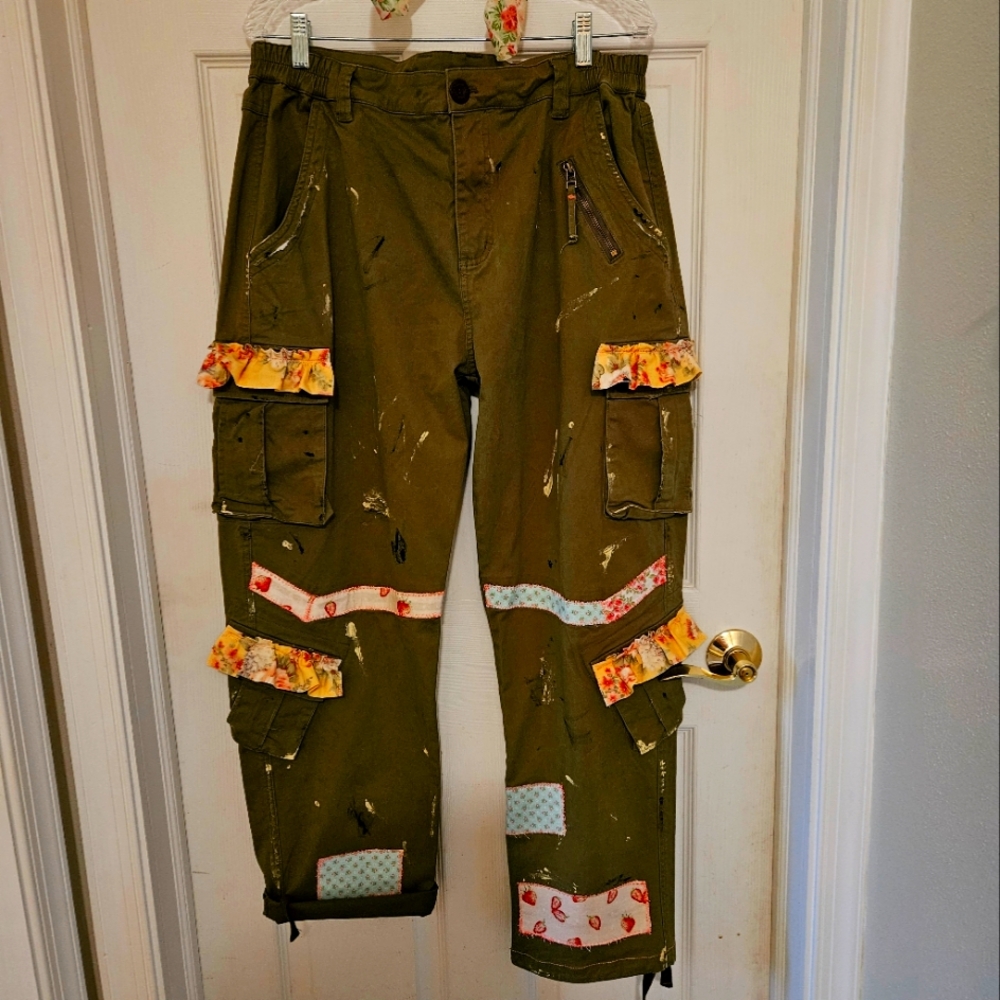 Custom Olive Cargo Pants with Floral Accents Boho  Lagenlook Inspired Magnolia P